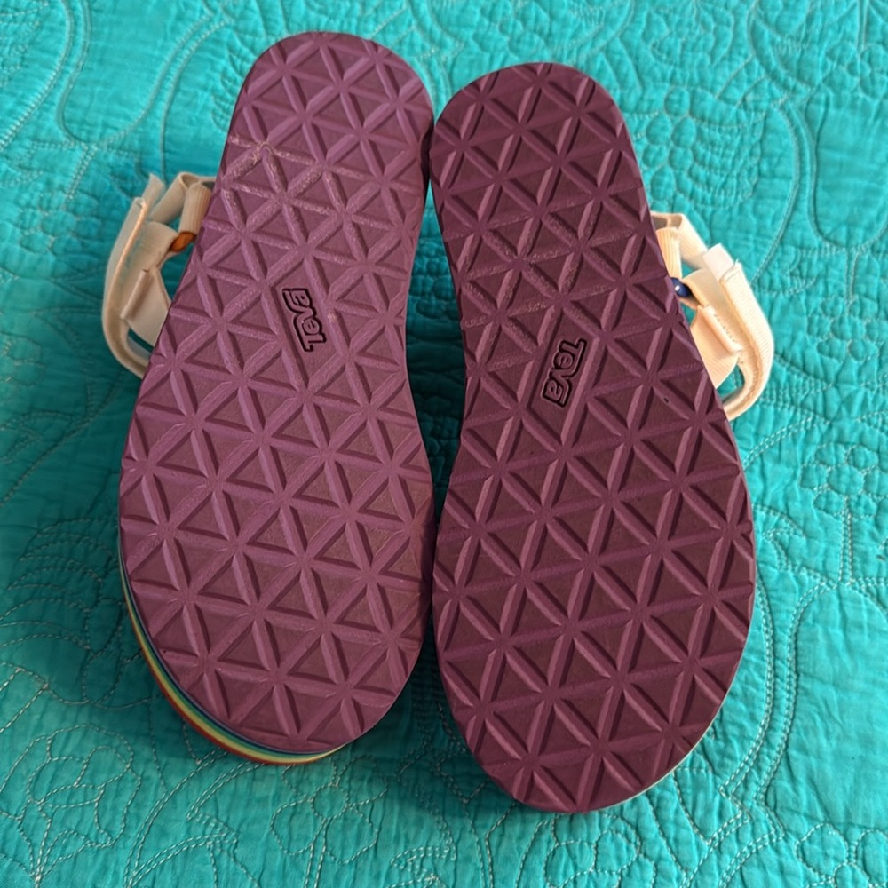 Teva Platform Sandals with Rainbow Sole and White Straps - Picture 5 of 7